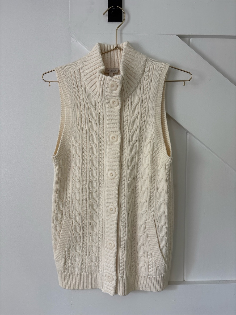 Talbots Petites Cable Knit Button Front Sweater Vest Mock Neck Pockets Cream